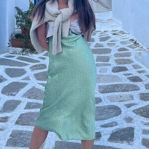 100% Silk Pale Green Silver Midi Dress